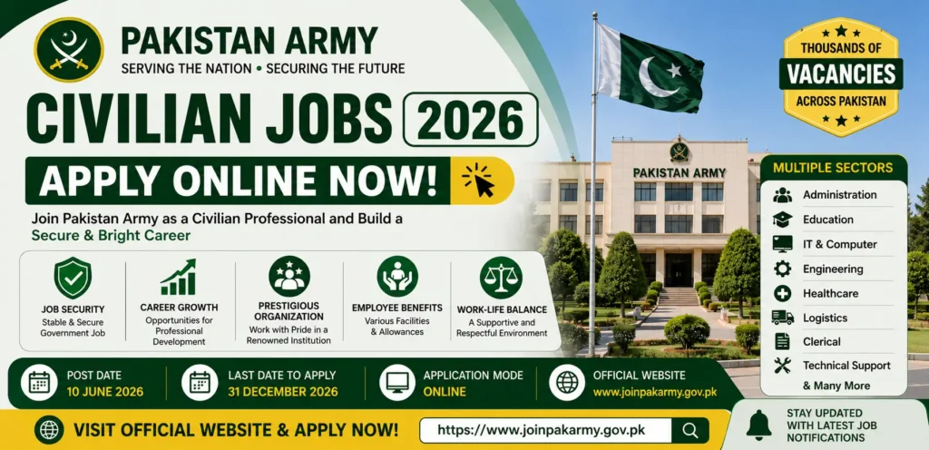Pakistan Army Civilian Jobs 2026 Apply Online Now – Latest Civilian Vacancies in Pakistan Army